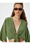 Crop Top V-Neck Tie Detail Oversized Kimono Sleeve