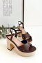 Linen Coated Platform Cross Strap Bitter Brown Open Toe High Thick Heeled Women's Shoes