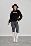 Women's Crew Neck Regular Fit Midi Length Printed Black Basic Sweatshirt - 6