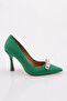 Women's Pointed Toe Crystal Stone Buckle Heels Shoes Green Satin 101653236