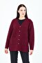 Women's V-Neck Claret Red Buttoned Pocket Knitted Wool Mother Knitwear Short Cardigan - 6