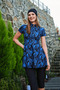 Women's Half-Covered Short Sleeve 4-Piece Dress Swimsuit Set (Top, Bottom, Cap, Bustier) - 3