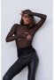 Women's Turtleneck Lycra Tulle Blouse with Finger Snap Detail - 2