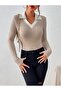 White Collar Detailed Raised Camisole Blouse |   Long Sleeve V-Neck Stylish Design - 5