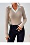 White Collar Detailed Raised Camisole Blouse |   Long Sleeve V-Neck Stylish Design - 6