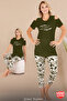 Viscose Green Color Print Short Sleeve Off the Shoulder Detailed Relaxed Fit Capri Pajama Set 12070