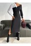 Women's Black One-Shoulder Shirt Detailed Slit Knitted Fabric Midi Stylish Dress Mnn9634