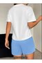Women's White Oversize T-Shirt Brooklyn Printed Baby Blue Combed Cotton Shorts Top-Down Set - 3