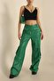 Women's Leather Pant with Green Cargo Pocket with Elastic Waist - 2