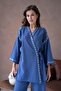 Women's Indigo Linen Embroidery and Sequin Detailed Kimono and Trouser Bottom/Top Set 29033 - 6