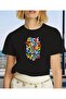 Colorful Alphabet Printed Women's Cotton Combed Crew Neck Black T-Shirt