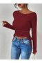 Burgundy Boat Neck Long Sleeve Side Gathered Lycra Blouse, Boat Neck Gathered Stretchy Burgundy Blouse Top - 3