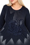 Round Neck Flocked Rose Printed Blouse in Comfortable Fit with Lace Sleeve Cuffs and Hem, Asymmetric Long Sleeve, Plus Size - 7