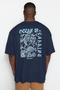 Plus Size Navy Blue Oversize/Wide Fit Fluffy Text Printed 100% Cotton T-Shirt Tmnss25Bf00018