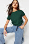 Zümrüt Yeşili Büzgü Detaylı Basic Bisiklet Yaka Örme T-Shirt TWOSS21TS0131 - 3