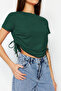Zümrüt Yeşili Büzgü Detaylı Basic Bisiklet Yaka Örme T-Shirt TWOSS21TS0131 - 4