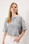Gri Kalın Pamuklu Yıkamalı Çiçekli Relaxed/Rahat Kalıp Crop Örme T-Shirt TWOSS25TS00131 - 2
