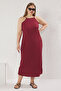 Bordo Halter Yaka Bürümcük Dokulu Kumaş Maxi Boy Örme Büyük Beden Elbise TBBSS25AH00006