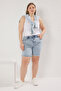 Light Blue High Waist Elastic Waist Denim Plus Size Shorts Tbbss25Ap00021