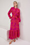 Women's Fuchsia Geometric Patterned Belted Viscose Woven Dress - 2
