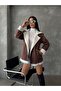 Leather Zippered Collared Fur Coat - Tan Cream | |   F1534 - 2