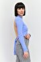 Women High Neck Long Sleeves Ribbed Backless Top, Light Blue - 3