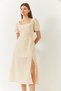 Women's Beige Watermelon Sleeve Square Neck Back Detailed Slit Linen Dress 35174 60261427 - 5