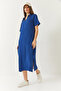 Women's Blue V-Neck Short Sleeve Slit Basic Dress 5621 60261424 - 4