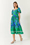 Women's Green Watermelon Sleeve Square Neck Patterned Terikoton Dress 60261412 - 4