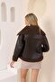 Zippered Leather Coat - Brown | |   F1513 - 5