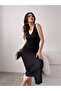 Women's V-Neck Back Tie Detailed Slit Lined Midi Dress Black - 4