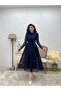Navy Blue High Neck Lace Dress - 4