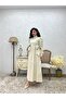 Hijab-Friendly Beige Long Poplin Flared Dress with Side Bow - 3