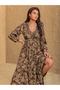 Floral Print V Neck A-Line Midi Dress - 4