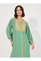 Printed Balloon Sleeve Embroidered V-Neck Jalabiya - 2