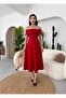 Madonna Collar Off-Shoulder Midi Length Red Dress - 5