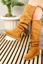 Daily Women's Below the Knee Tan Suede Boots with Bellows, Low Heel, Serrated Sole, Lined 1045 - 4