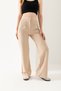 Women's Beige High Waist Button Closure Lycra Pleated Palazzo Knitted Trousers - 5