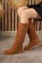 Daily Women's Below Knee Tan Suede Boots Low Heeled Serrated Sole Oval Toe Fur Lined 1050 - 3