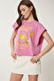 Printed Washed Cotton Knitted T-Shirt Pink Lus0087 - 3