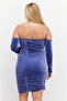 Women Off Shoulder Long Sleeves Textured Mini Dress, Blue - 2