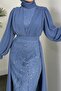 Stella Beaded Cape Evening Dress Indigo - 4