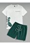Men's Green White Oversize Little Bear Printed Crew Neck T-Shirt Shorts Set