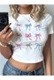 Women's Bow Printed Tee Crop Ribbon - 2