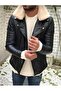 Men's Black North Collar Furry Slim Fit Leather Jacket Coat with Inner Pocket - 2
