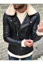 Men's Black North Collar Furry Slim Fit Leather Jacket Coat with Inner Pocket - 5