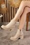 Daily Women's Beige Boots with Zipper, Thick High Heels, Tractor Sole, Fur Lined Bootie 2401 - 2