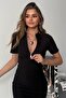 Women's Short Sleeve Half Zipper Detailed Collared Ottoman Fabric Short Dress - 2