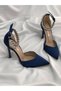 Navy Blue Satin Heeled Stone Stiletto Evening Dress Shoes Heel Height 9 cm - 6