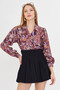 Women's Purple V-Neck Balloon Sleeve Patterned Shirt Arm-25Y 001016 - 2